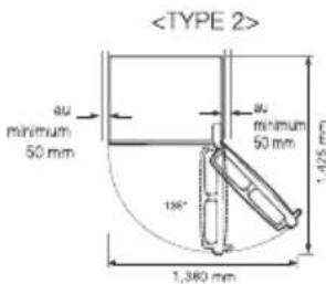 au minimum 50 mm au minimum 50 mm 1,425 mm 136° 1,380 mm