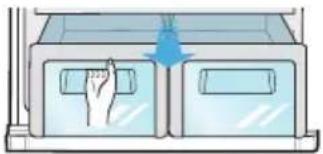 Illustration of a hand pressing down on a cabinet with two doors, no text or symbols present