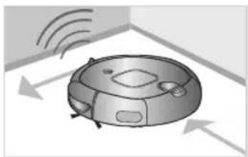 Illustration of a robotic vacuum cleaner with airflow arrows indicating movement (no text or symbols)