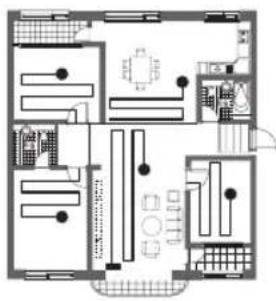 Floor plan diagram with labeled rooms and furniture layout