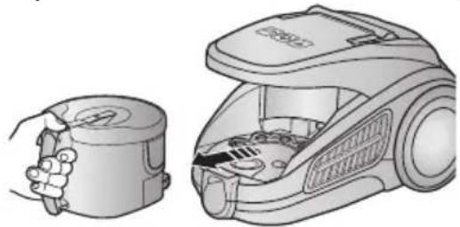 Illustration of a hand holding a small cylindrical device next to an open vacuum cleaner (no text or symbols visible)
