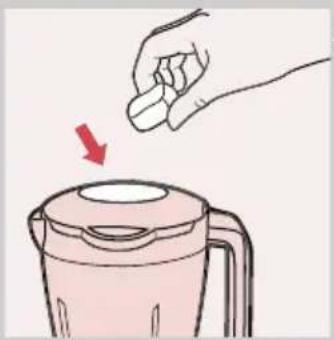Illustration of a hand pressing down on a pink blender with a red arrow indicating compression (no text or symbols)