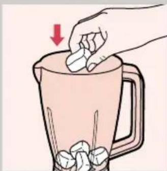 Illustration of a hand pressing down on a pink blender with ice cubes (no text or symbols)
