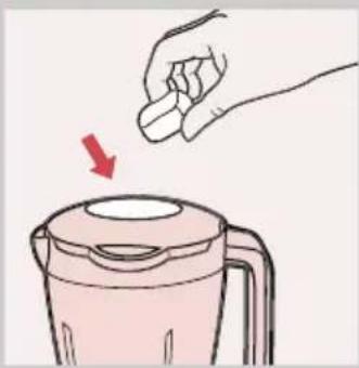 Illustration of a hand pressing down on a pink blender with a red arrow indicating compression (no text or symbols)