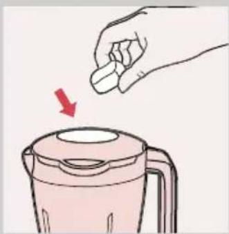 Illustration of a hand pouring liquid into a pink blender with a red arrow indicating the process (no text or symbols)