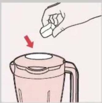 Illustration of a hand pressing down on a pink blender with a red arrow indicating compression (no text or symbols)