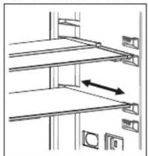 Diagram of a shelving unit with shelves and doors, showing directional arrows (no text or symbols)