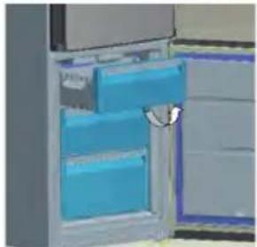 Close-up of a refrigerator interior showing blue doors and a door handle (no visible text or symbols)