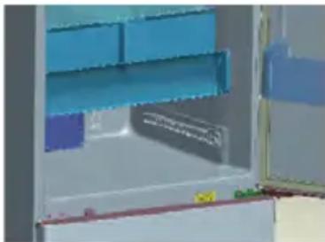 3D rendering of a refrigerator interior with blue shelves and door (no visible text or symbols)