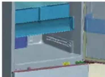 Interior view of a refrigerator with blue shelves and door (no visible text or symbols)