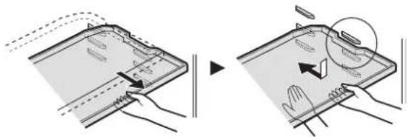 Illustration showing two-step assembly process: before and after a device with a slide and a magnified view of the slide (no text or symbols)