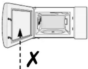 Diagram of a microwave oven with an open door and a cross mark indicating a measurement or inspection point (no text or symbols present)