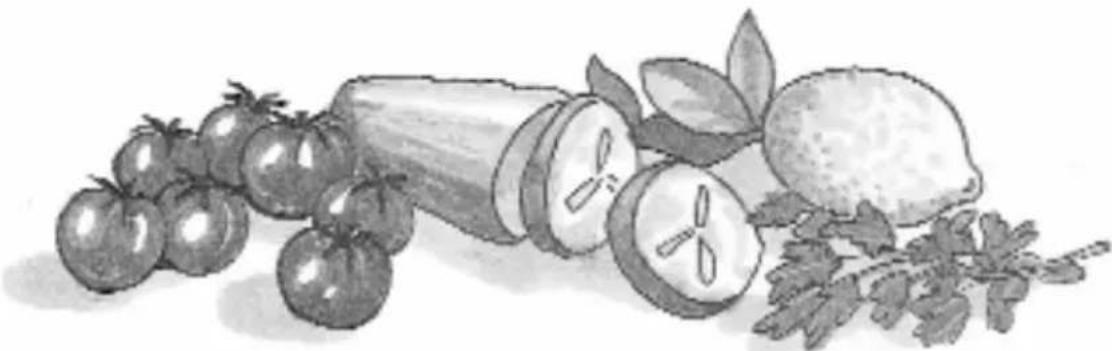 Illustration of fresh fruits including tomatoes, bananas, and a lemon with leafy tops (no text or symbols)