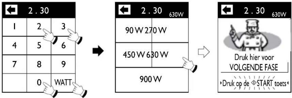 2.30 1 2 3 4 5 6 7 8 9 0 WATT 2.30 630W 90 W 270 W 450 W 630 W 900 W 2.30 630W Druk hier voor VOLGENDE FASE ► Druk op de ◇ START toets ◄