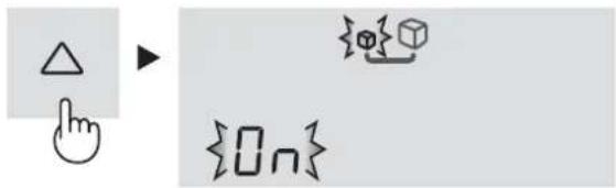 Diagram showing a hand cursor pointing at a triangle and a diagram with a cube, alongside symbols for 'On' and a box.