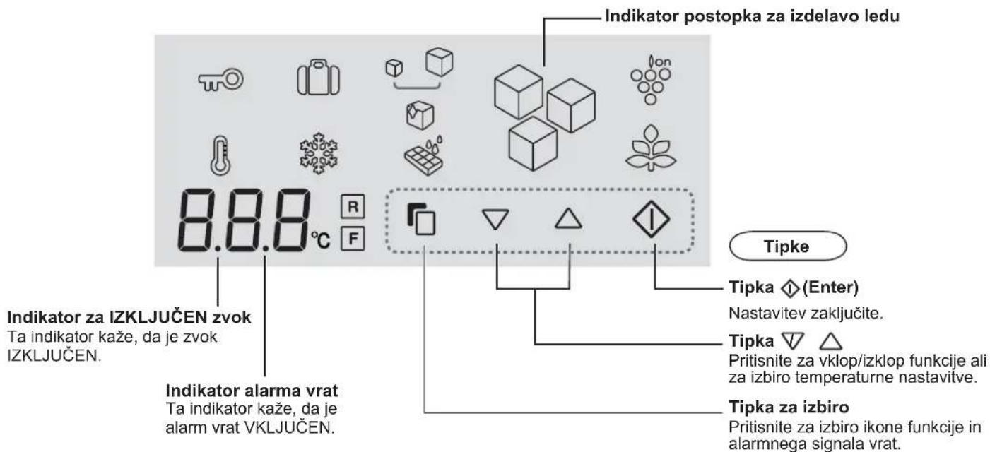 Indikator postopka za izdelavo ledu 8.8.8 °C R F Tipke Indikator za IZKLJUČEN zvok Ta indikator kaže, da je zvok IZKLJUČEN. Indikator alarma vrat Ta indikator kaže, da je alarm vrat VKLJUČEN. Tipka (Enter) Nastavitev zaključite. Tipka ▼ △ Pritisnite za vklop/izklop funkcije ali za izbiro temperaturn…