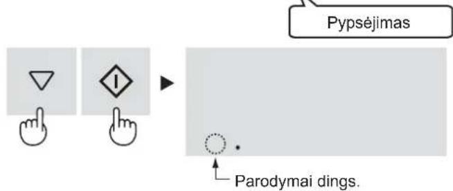graph TD A["Hand icon"] --> B["Arrow pointing to 'Pypsėjimas'"] C["Hand icon"] --> D["Arrow pointing to 'Parodymai dings'"] E["Arrow pointing to 'Pypsėjimas'"] --> F["Control point"] G["Arrow pointing to 'Parodymai dings'"] --> H["Control point"]