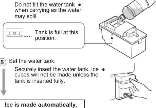 Do not tilt the water tank • when carrying as the water may spill. .... Tank is full at this position. ⑤ Set the water tank. Securely insert the water tank. Ice • cubes will not be made unless the tank is inserted fully. Ice is made automatically.