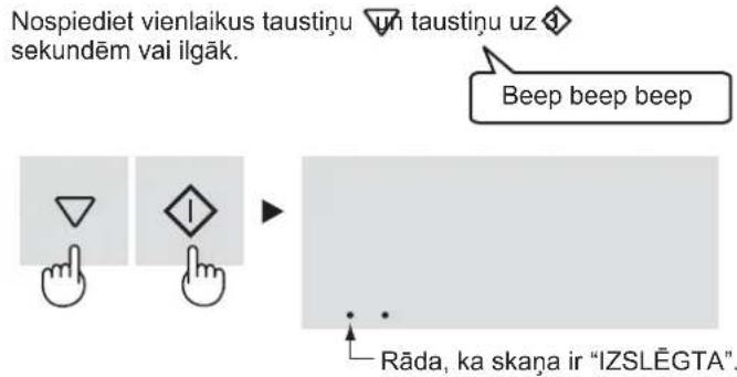 Nospiediet vienlaikus taustinu un taustinu uz sekundēm vai ilgāk. Beep beep beep Rāda, ka skana ir "IZSLĒGTA".