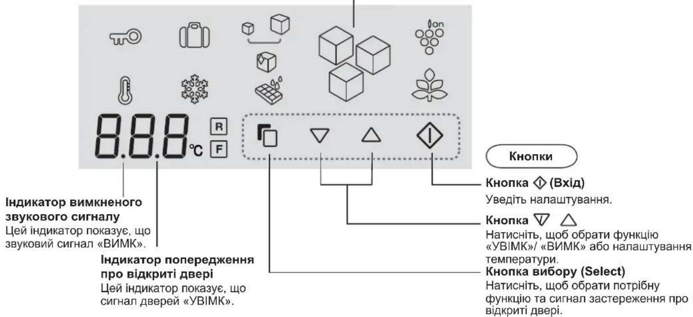 8.8.8°C Індикатор вимкненого звукового сигналу Цей індикатор показує, що звуковий сигнал «ВИМК». Індикатор попередження про відкриті двері Цей індикатор показує, що сигнал дверей «УВІМК». Кнопки Кнопка ◇ (Вхід) Уведіть налаштування. Кнопка ▼ △ Натисніть, щоб обрати функцію «УВІМК»/ «ВИМК» або налашт…