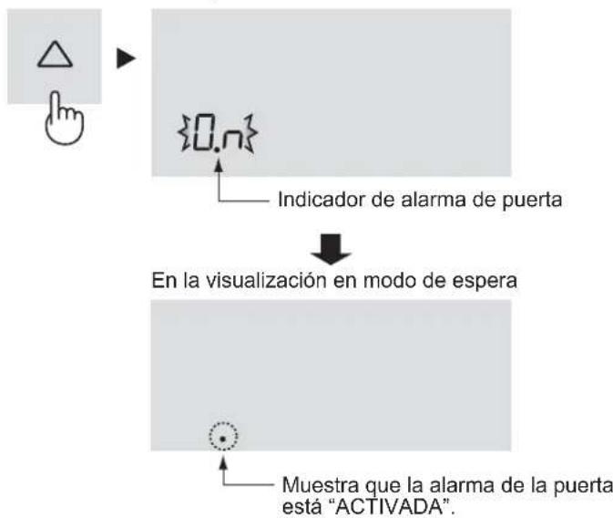 graph TD A["Hand icon"] --> B{0.n} B -->|Indicador de alarma de puerta| C["Visualization: En la visualización en modo de espera"] C --> D["Muestra que la alarma de la puerta está "ACTIVADA""]