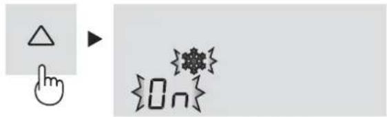 Diagram showing a hand cursor pointing at a triangle icon next to a pixelated symbol resembling 'On' or a snowflake.