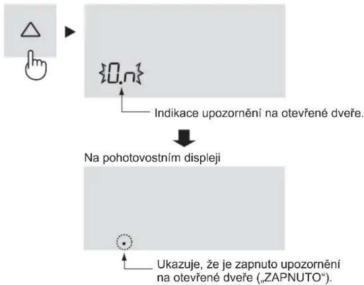 graph TD A["Start"] --> B{0.n} B -->|Indikace upozornění na otevřené dveře.| C["Na pohotovostním displeji"] C --> D["Ukazuje, že je zapnuto upozornění na otevřené dveře („ZAPNUTO“)."]