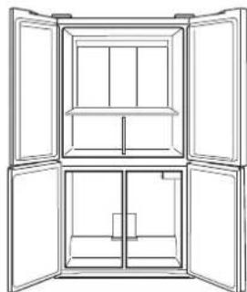 Line drawing of an open refrigerator with multiple doors and internal compartments (no text or symbols)