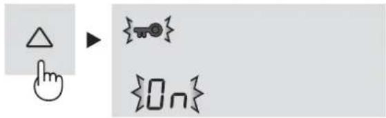 Diagram showing a hand cursor pointing at a triangle symbol and two sets of symbols: a key icon and an empty set.