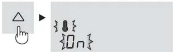 Diagram showing a hand cursor pointing at a triangle icon next to a sequence of symbols including a square, double arrow, and '0n' with tick marks.