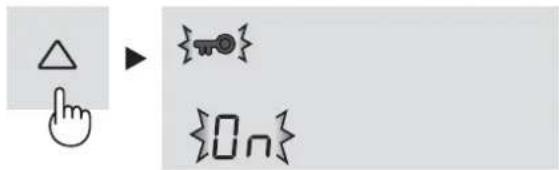 Diagram showing a hand cursor pointing at a triangle icon next to two symbols: a lock and an 'On' with arrows, likely representing a UI or control interface.