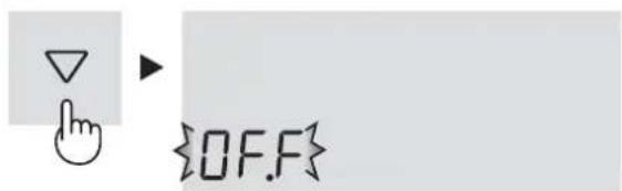 User interface control panel showing a hand cursor pointing to a dropdown with a triangle symbol and text {OF.F}