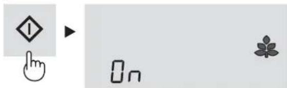 User interface icons including a hand cursor, a warning symbol, and a leaf symbol with 'On' text