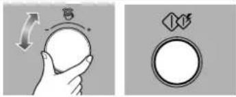 Two diagrams showing a hand holding a circular object with motion arrows and a circular dial (no text or symbols).