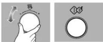 Two-step diagram showing a hand holding a circular object with motion arrows and a circular button, no text or symbols present.