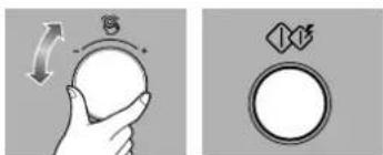 Two grayscale diagrams showing a hand holding a circular object with a scroll and a circular dial.