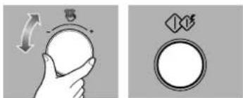Two-step diagram showing a hand holding a circular object with a curved arrow and a circular button, no text or symbols present.