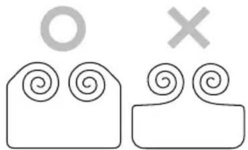 Two abstract geometric shapes with spiral patterns and symbols: a large circle above a cross and a smaller square below (no text or labels).