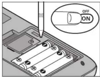 Diagram showing battery charging process with OFF/OFF button and magnified view of battery casing.