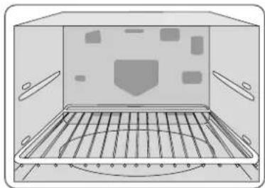 Top-down schematic of a microwave oven with internal grating and mounting brackets (no text or symbols)