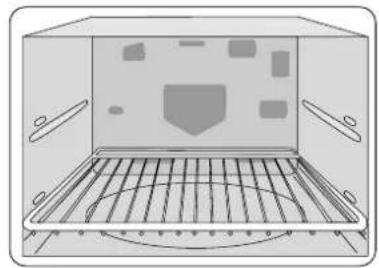 Diagram of an oven with internal grating and a shield emblem (no text or symbols)