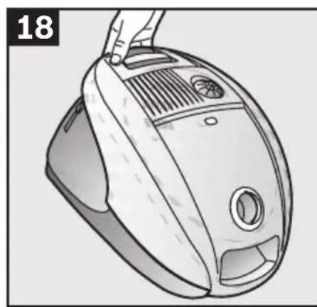 Line drawing of a hand holding a vacuum cleaner with control panel and ventilation slots (no text or symbols)