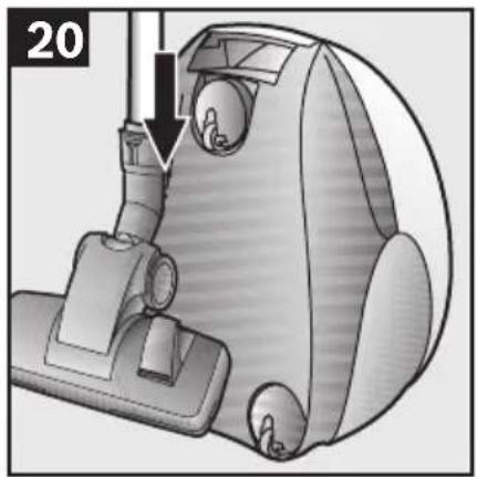3D rendering of a vacuum cleaner with a downward arrow indicating motion (no text or symbols)