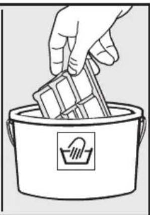 Line drawing of a hand placing a small container into a pot with a recycling symbol (no text or labels)