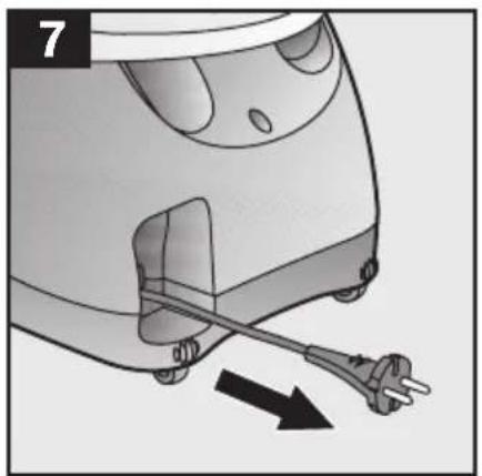 Illustration of a small electric fan with a power plug and cable inserted, showing a downward arrow (no text or symbols)