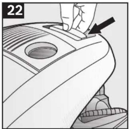 Illustration of a hand pressing down on a mechanical component with a black arrow indicating the step (no text or symbols present)