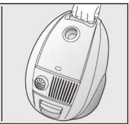 Line drawing of a hand holding a vacuum cleaner with ventilation slots and a vent (no text or symbols)
