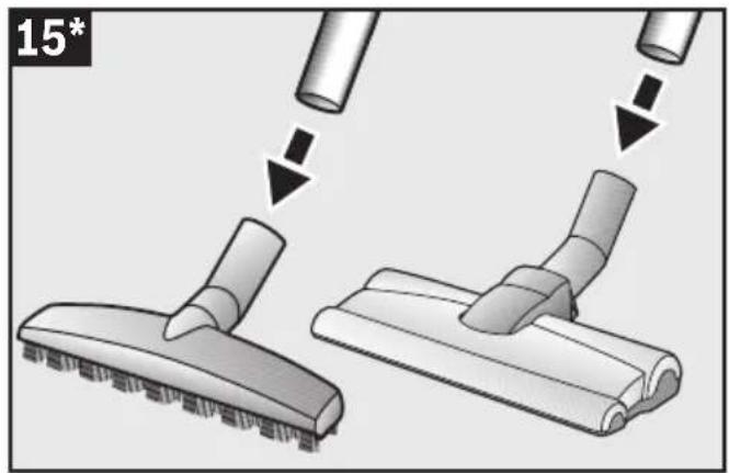 Illustration of two robotic vacuum cleaner steps: adding a brush to clean material, then applying a tool to a flat surface (no text or symbols)