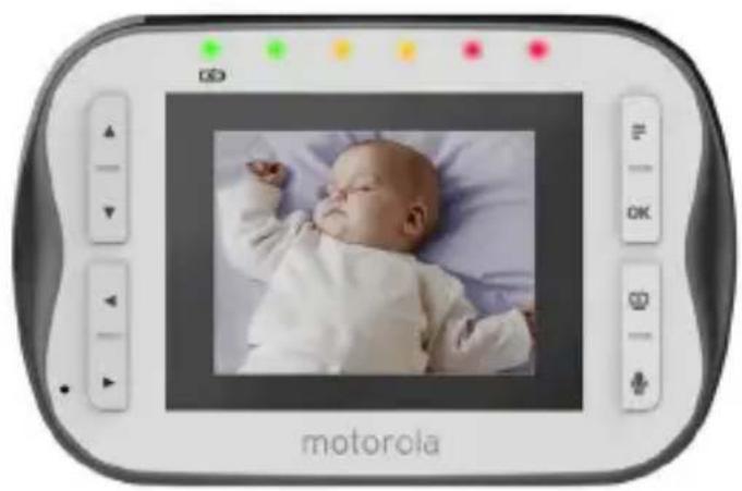 Motorola digital camera displaying a baby photo on screen (no text or symbols on device)