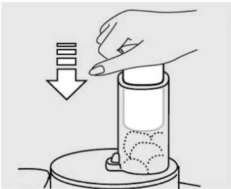 Illustration of a hand pressing down on a cylindrical device with a downward arrow, no text or symbols present